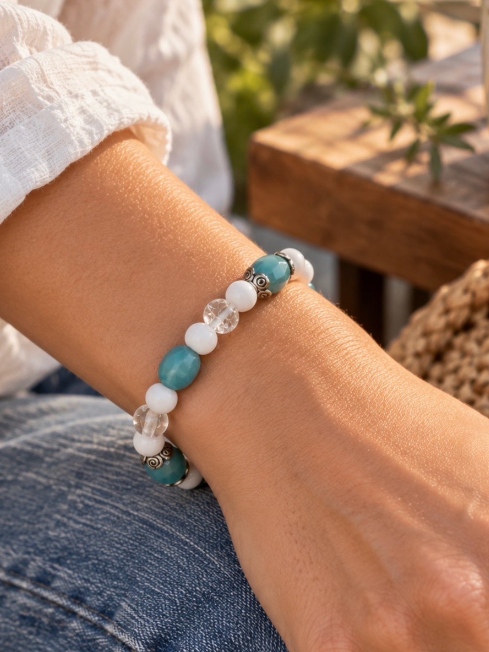 Boho Aqua Glass Beaded Stretch Bracelet Coastal Sea-glass Gemstone Style